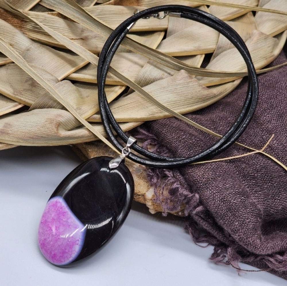 LARGE GENUINE AGATE STONE SILVER PENDANT Genuine Leather Necklace